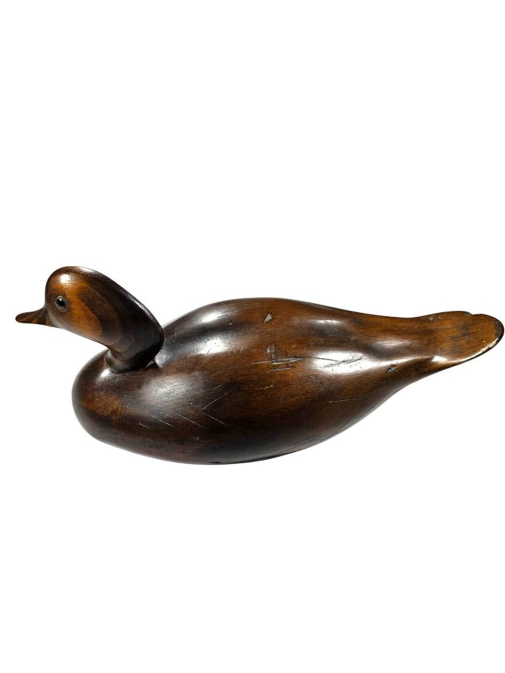 Hand-Carved Wooden Duck Figurine Signed HM 12" Vtg Rustic Decor Sculpture